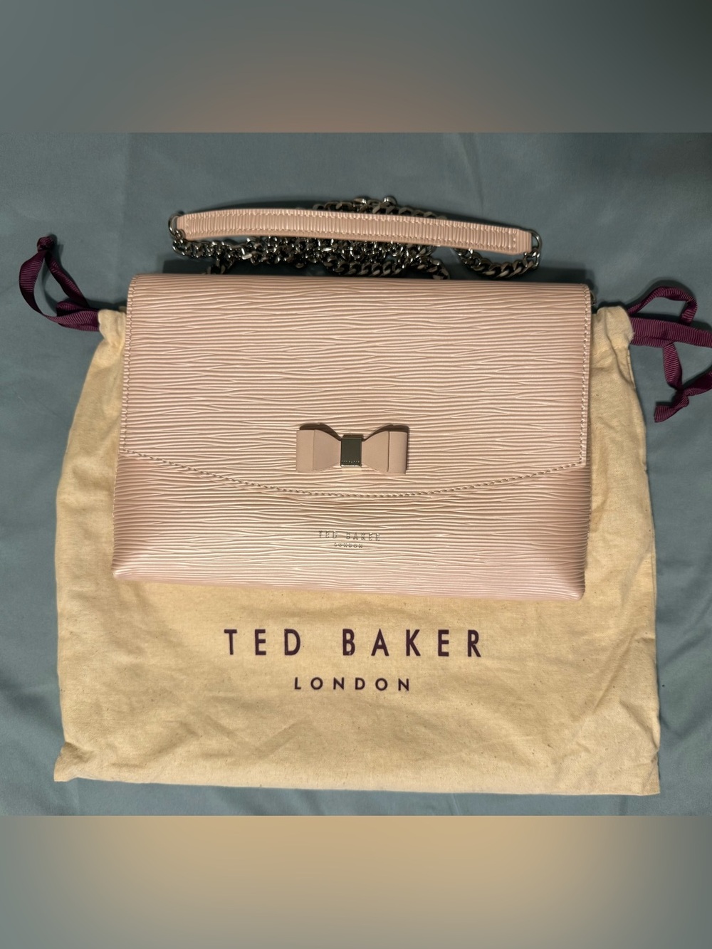 Ted Baker Pearl Pink Crossbody Bag with Bow Accent & Removable Chain Strap
